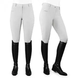 Light gray john whitaker horbury classic ladies breeches with sleek fit and subtle thigh branding for riding use