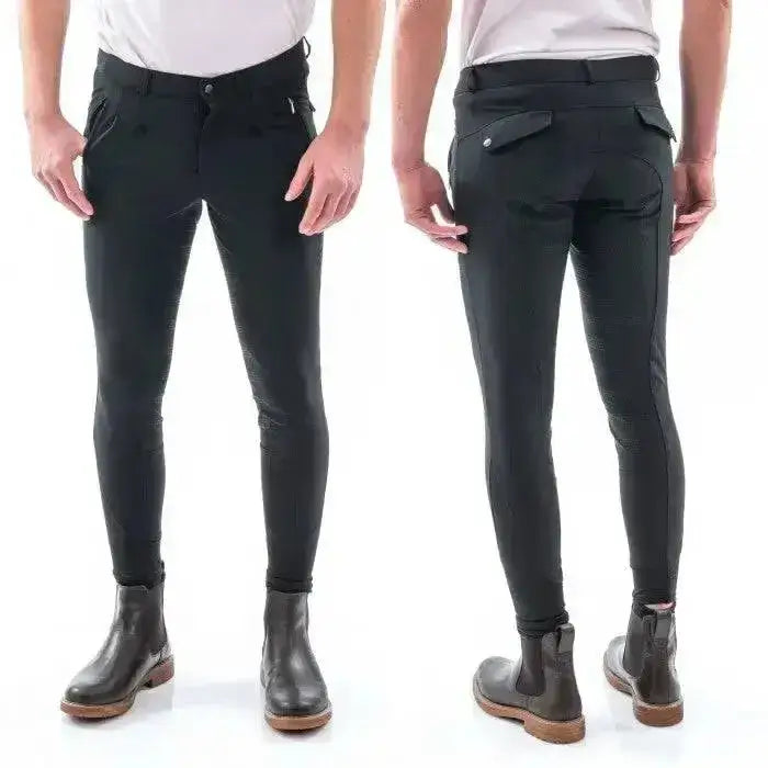 Black john whitaker miami mens breeches with full silicone seat and reinforced knee panels for riding comfort