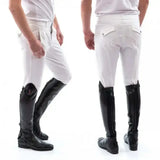 White john whitaker miami mens breeches with full silicone seat shown from the back paired with black leather boots