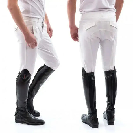 White john whitaker miami mens breeches with full silicone seat shown from the back paired with black leather boots