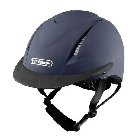 Navy blue john whitaker nrg riding helmet with black visor and adjustable straps for comfort and safety