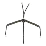 Black leather horse halter with adjustable straps and metal hardware for john whitaker ready ride elastic breastplate