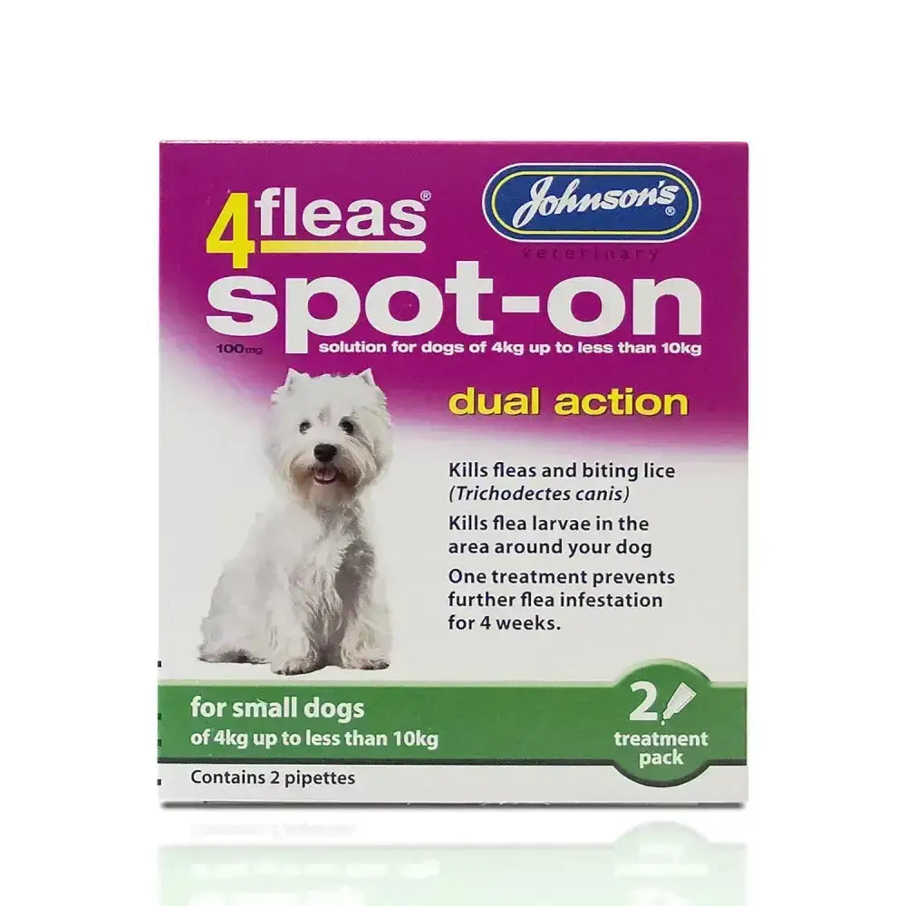 Johnson’s veterinary 4fleas spot-on flea and lice treatment for small dogs in purple and green box with white dog image