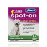 Johnson’s veterinary 4fleas spot-on flea and lice treatment for small dogs in purple and green box with white dog image