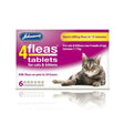 Johnson’s veterinary 4fleas tablets for cats and kittens in a purple and white box with tabby cat kills fleas fast