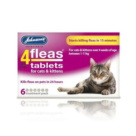 Johnson’s veterinary 4fleas tablets for cats and kittens in a purple and white box with tabby cat kills fleas fast