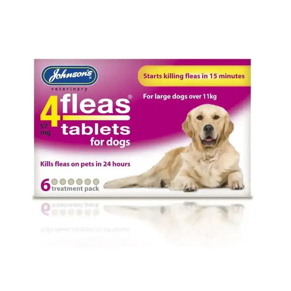 Johnson’s veterinary 4fleas tablets for dogs purple and white pack with six 57mg pills for large dogs over 11kg