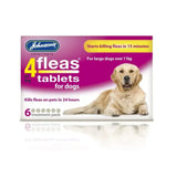 Johnson’s veterinary 4fleas tablets for dogs purple and white pack with six 57mg pills for large dogs over 11kg