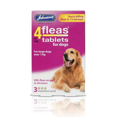 Johnson’s veterinary 4fleas tablets for dogs in bright pink and white box with golden retriever image visible