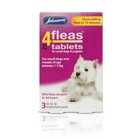 Johnson’s veterinary 4fleas tablets in a vibrant purple box for puppies and small dogs with west highland terrier image
