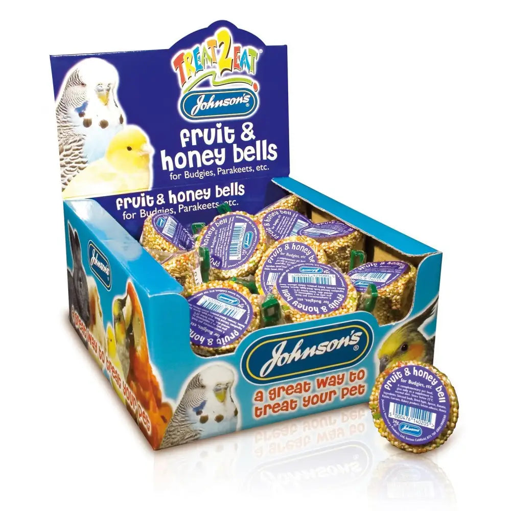 Johnson’s veterinary budgie fruit and honey bell selected golden textured bells with purple labels for budgies and parakeets