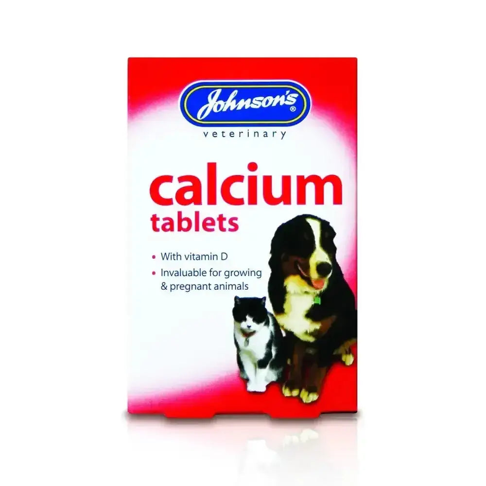 Johnson’s veterinary calcium tablets in a red and white box with dog and cat images for pet health support