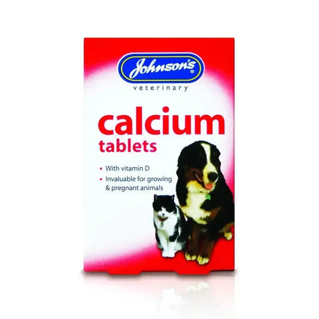 Johnson’s veterinary calcium tablets in a red and white box with dog and cat images for pet health support