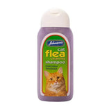 Johnson’s veterinary cat flea cleansing shampoo in a purple bottle with white cap and green label with orange tabby