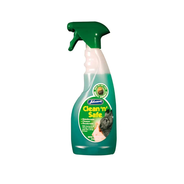 Johnson’s veterinary clean n safe spray bottle with green trigger and teal body for safe small animals cleaning