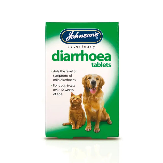 Green rectangular box of johnson’s veterinary diarrhoea tablets with golden retriever and orange cat for pet health care