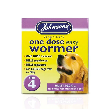Johnson’s veterinary easy wormer single dose treatment in yellow and purple box with golden retriever for dogs multi-pack size