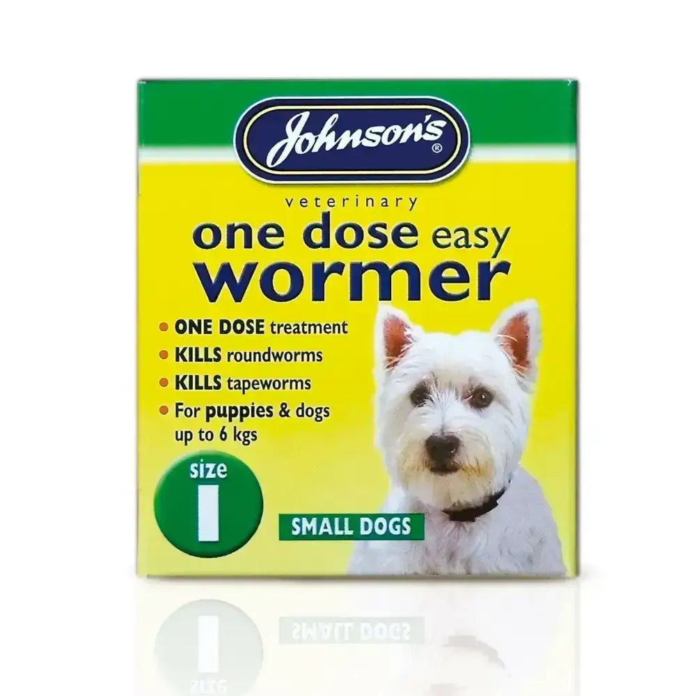 Johnson’s veterinary easy wormer single dose treatment for small dogs up to 6 kgs in bright yellow and green box
