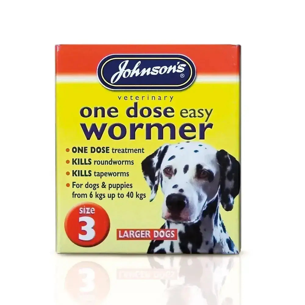 Johnson’s veterinary easy wormer one dose single treatment for dogs in yellow packaging with dalmatian image