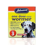 Johnson’s veterinary easy wormer one dose single treatment for dogs in yellow packaging with dalmatian image