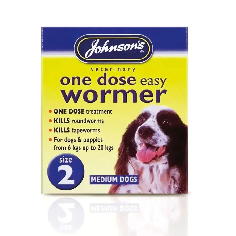 Johnson’s veterinary easy wormer single dose treatment for medium dogs in bright yellow and blue dogs multi-pack size box with spaniel image