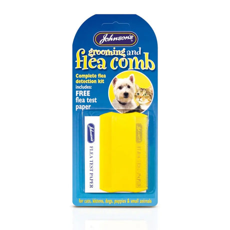 Johnson’s veterinary grooming flea comb with yellow teeth in blue package for small animals grooming