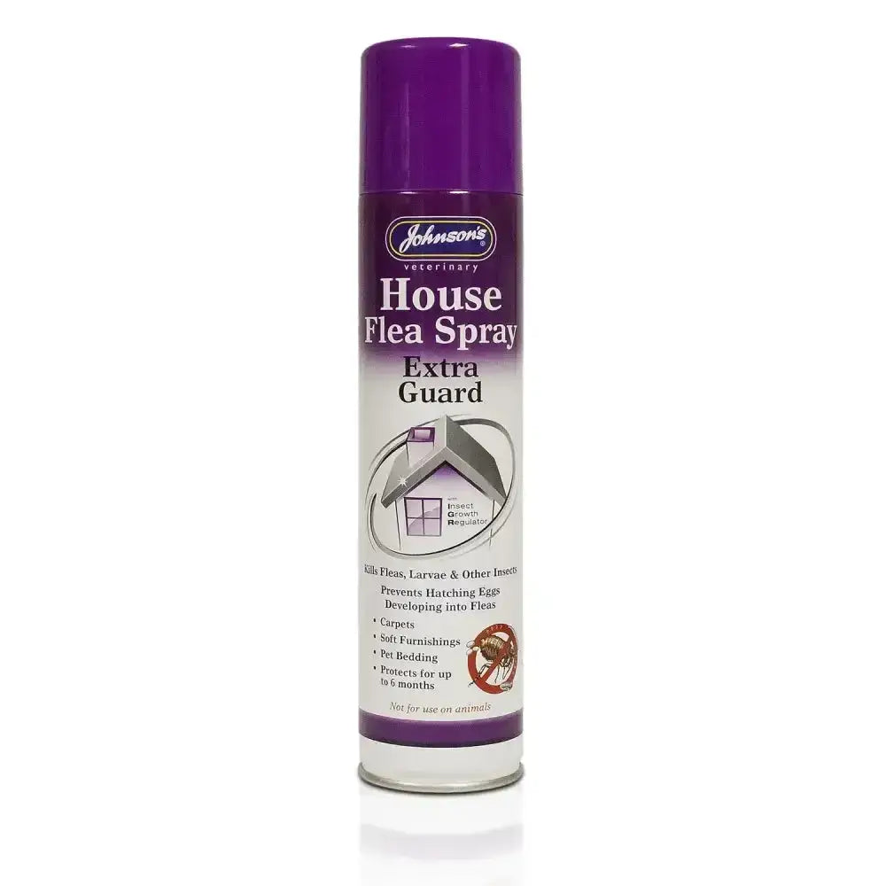 Purple aerosol can of johnson’s veterinary house flea spray that prevents hatching for effective pest control