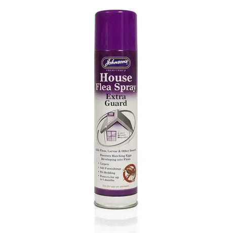 Purple aerosol can of johnson’s veterinary house flea spray that prevents hatching for effective pest control