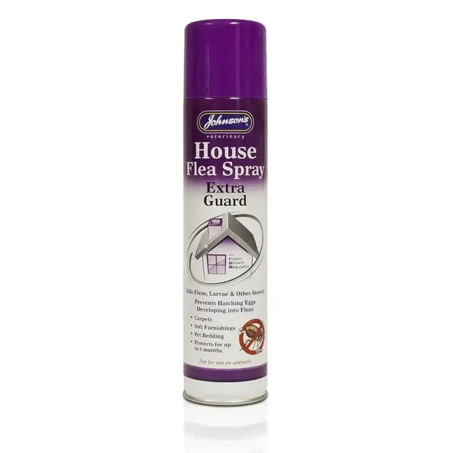 Purple aerosol can of johnson’s veterinary house flea spray that prevents hatching for effective pest control