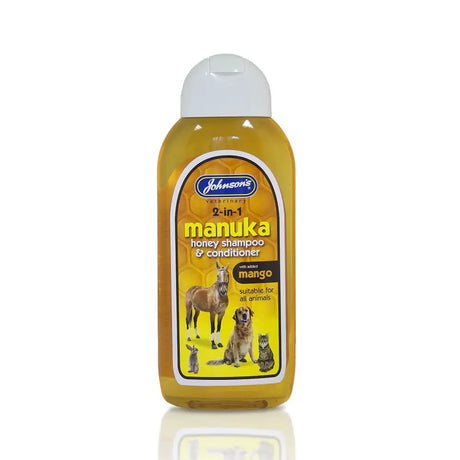 Johnsons veterinary manuka honey shampoo and conditioner in translucent amber bottles with animal illustrations on yellow labels