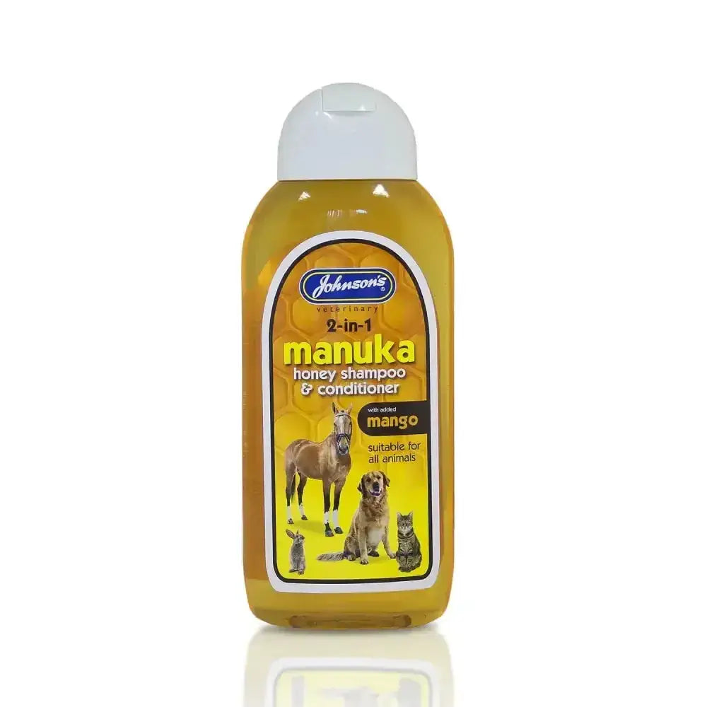 Johnsons veterinary manuka honey shampoo and conditioner in translucent yellow bottles with white caps and animal illustrations