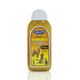 Johnsons veterinary manuka honey shampoo and conditioner in translucent yellow bottles with white caps and animal illustrations