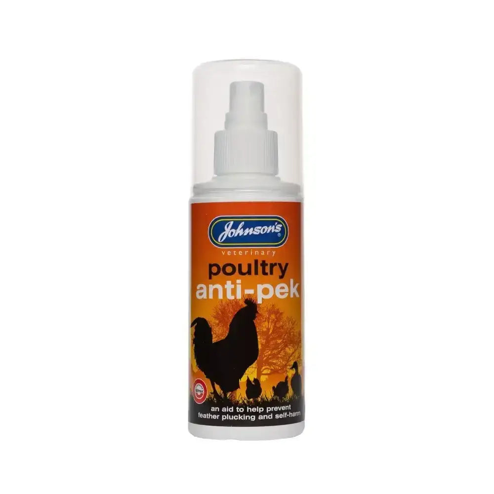 Johnson’s veterinary poultry anti pek spray bottle with orange and white label and chicken silhouette to prevent feather plucking