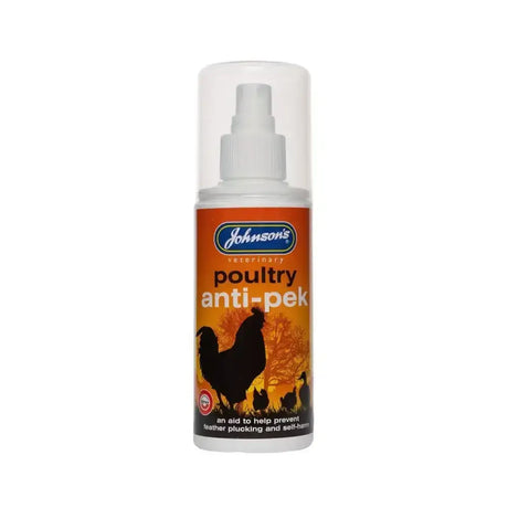 Johnson’s veterinary poultry anti pek spray bottle with orange and white label and chicken silhouette to prevent feather plucking