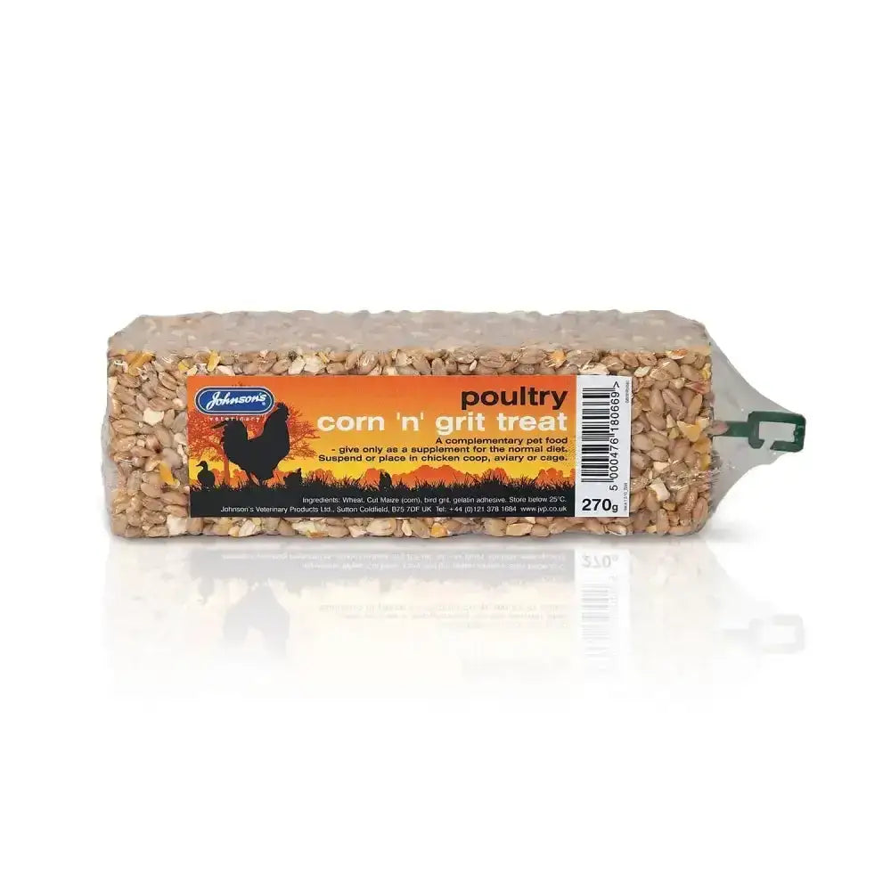 Johnson’s veterinary poultry corn n grit treat block with brown and beige grain mix and orange label with black chicken silhouette