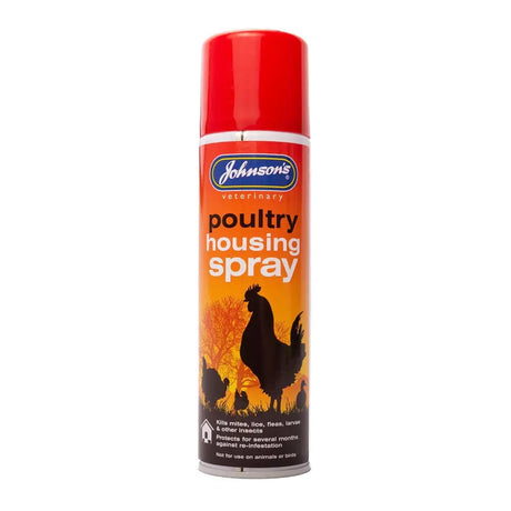 Johnson’s veterinary poultry housing spray in a red can with orange label and black chicken silhouettes for poultry care