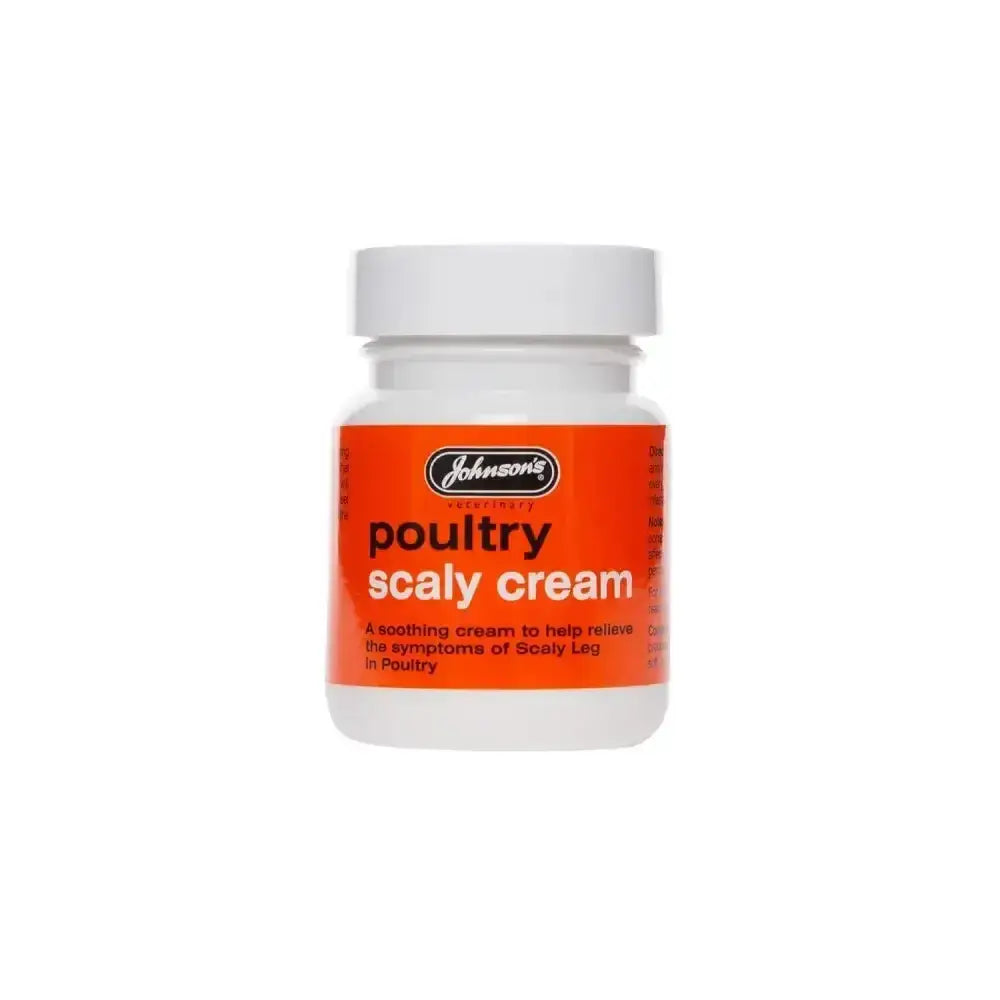 Johnson’s veterinary poultry scaly cream in a white bottle with an orange label for veterinary poultry scaly treatment