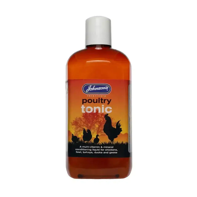 Johnson’s veterinary poultry tonic in an amber plastic bottle with white cap featuring poultry silhouettes at sunset