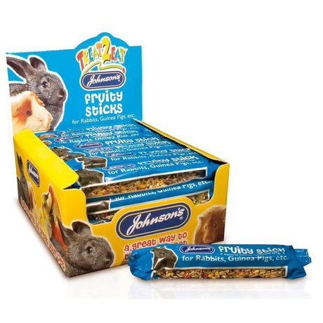 Johnsons veterinary rabbit and guinea fruity sticks in blue and yellow packaging with 28 colorful treat sticks