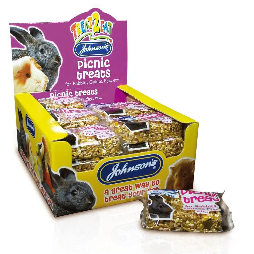 Johnsons veterinary rabbit and guinea picnic treats x24 in yellow and purple box filled with honey-glazed guinea picnic treats