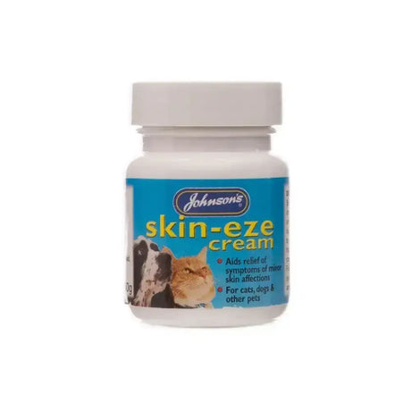 Johnson’s veterinary skin eze cream in a white plastic bottle with a blue label showing cats and dogs uses traditional soothing sulphur