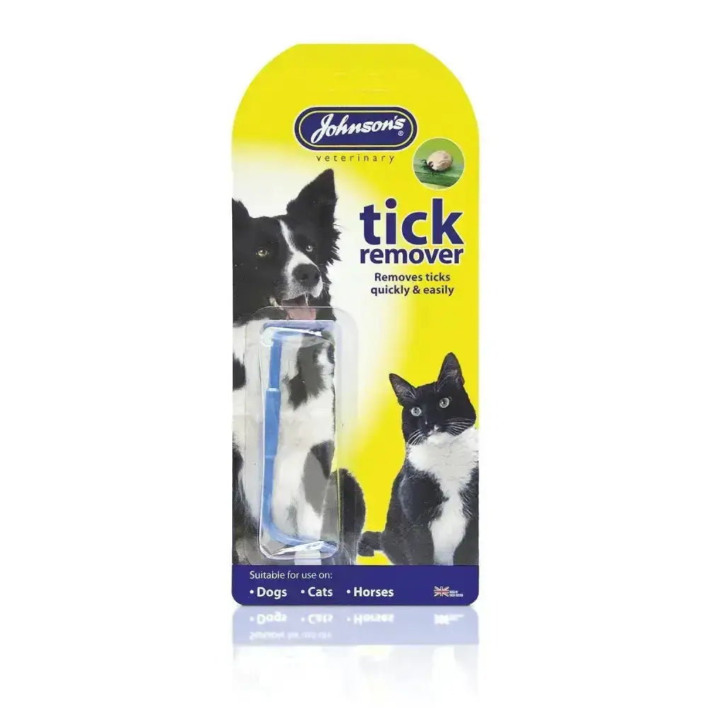 Johnson’s veterinary tick remover is a clear plastic tool with blue handles that removes ticks quickly from pets and horses