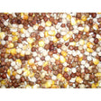 Colorful mix of yellow corn, millet, and quinoa seeds in johnston & jeff all rounder pigeon corn 20 kg bag
