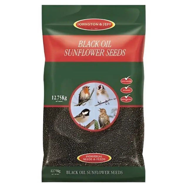 A 12.75kg bag of johnston and jeff black oil sunflower seeds in green and red pouch with bird illustration
