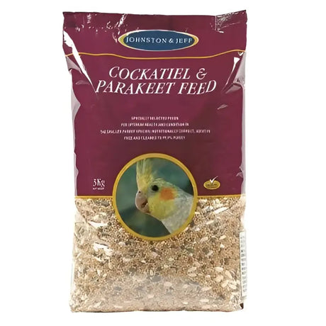 Maroon and gold 3kg bag of johnston and jeff cockatiel and parakeet mix feed with a yellow bird image on front