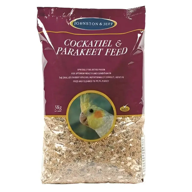 Maroon and gold 3kg bag of johnston and jeff cockatiel and parakeet mix feed with a yellow bird image on front