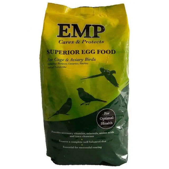 Yellow and green bag of johnston and jeff emp eggfood 1 kg for cage and aviary birds with superior nutrition