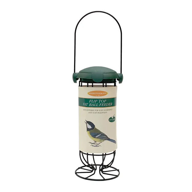 Green and black metal johnston & jeff fat ball feeder with flip top design and blue tit label for suet dumplings