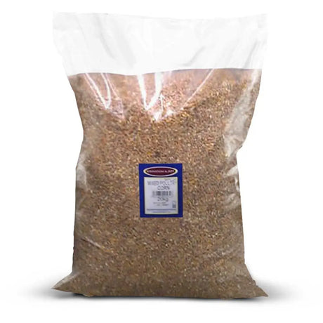 A clear plastic bag of mixed yellow and brown corn kernels sealed for jeff four seasons pigeon corn 20 kg product