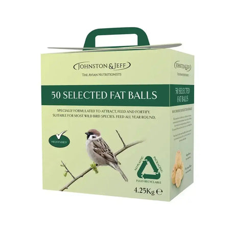 Johnston & jeff high energy fat balls box of 50 with light and dark green design featuring sparrow image for wild birds